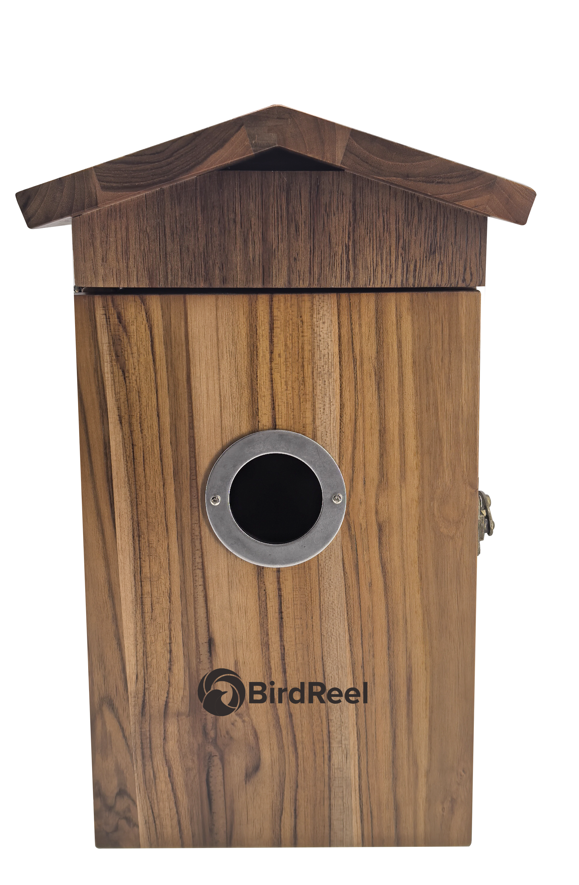 Wooden birdhouse with a circular entrance on a white background, featuring the BirdReel brand logo
