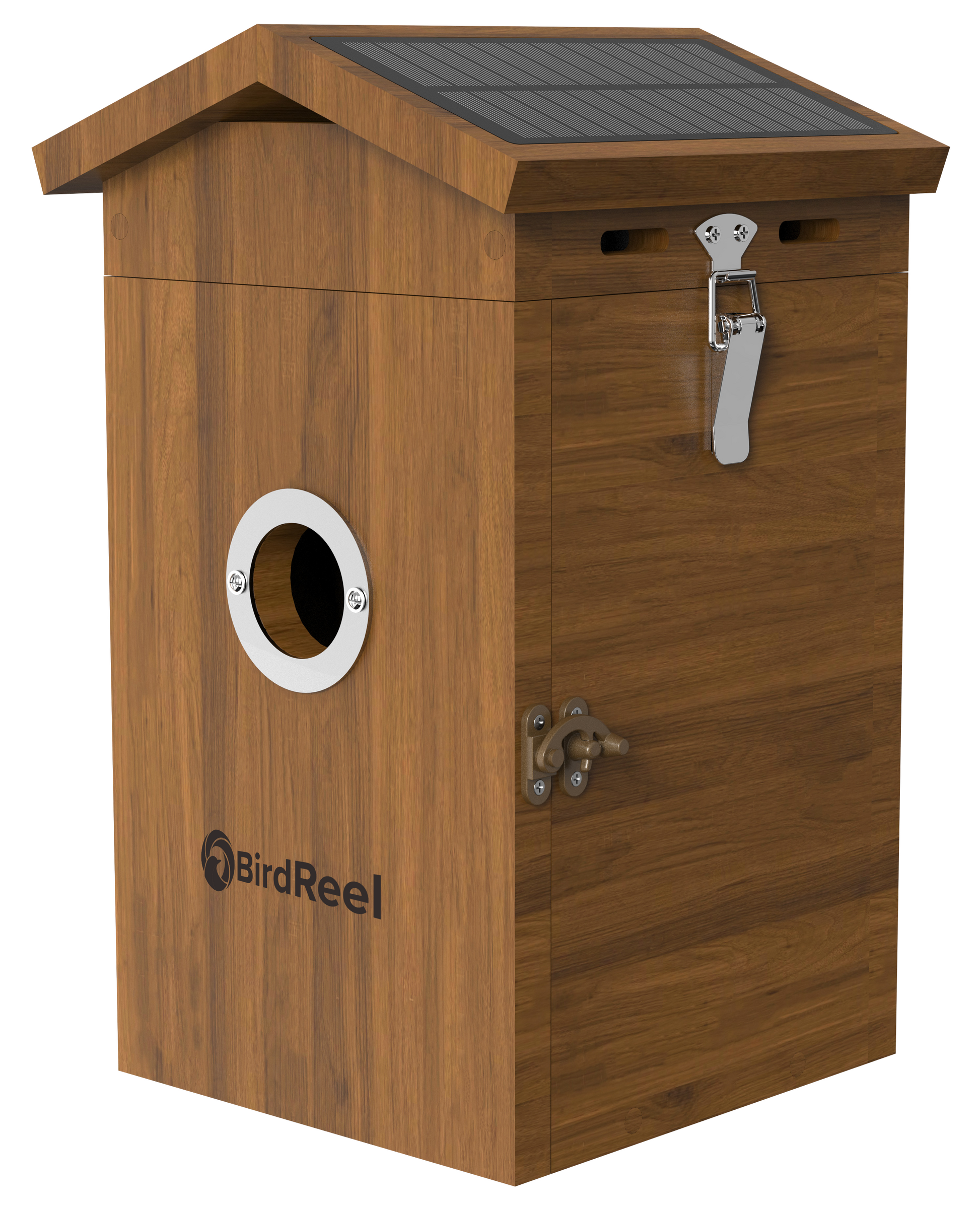 Wooden birdhouse with solar panel on top, featuring the BirdReel brand.