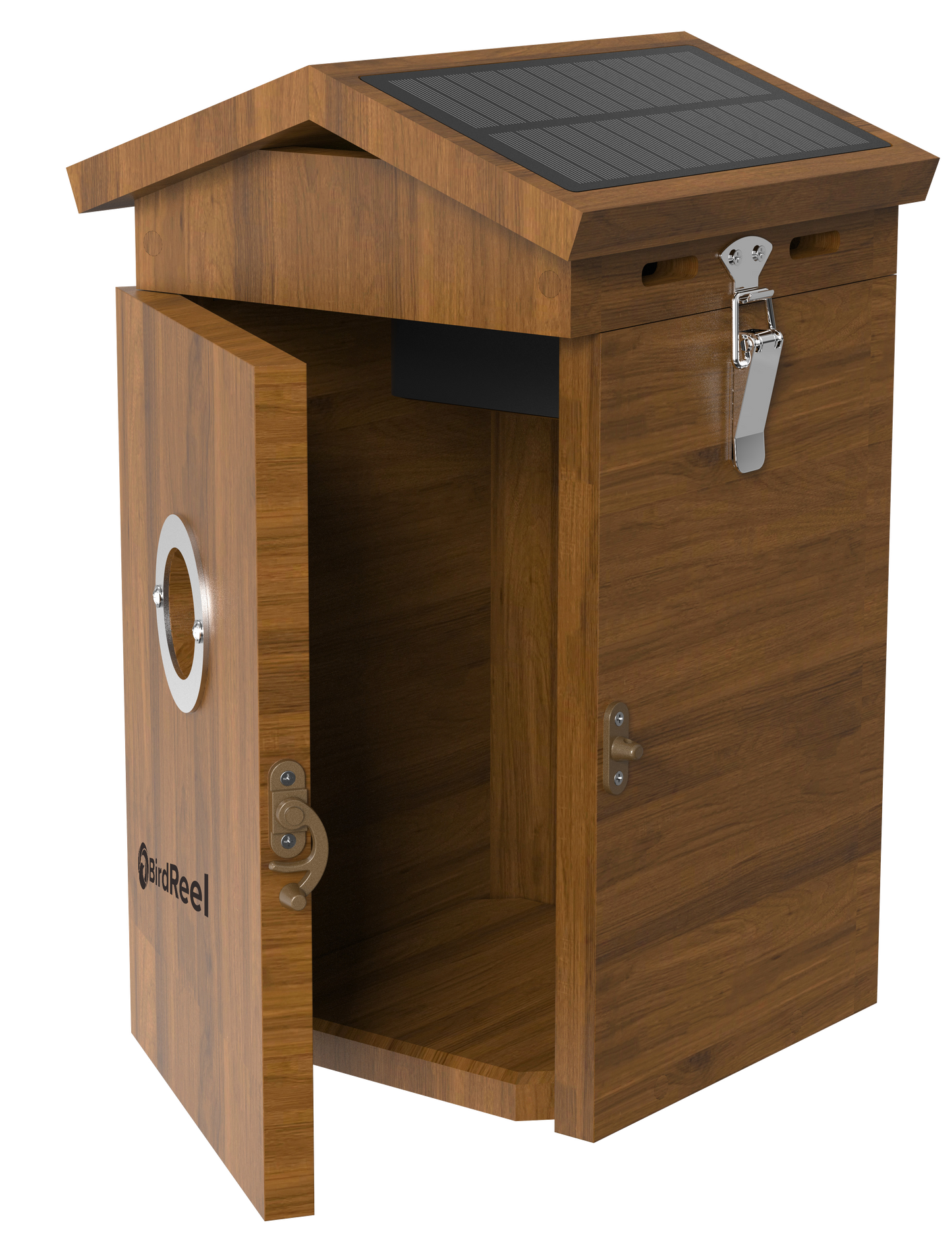Wooden bird feeder with solar panel on top, featuring the brand 'BirdReel'.
