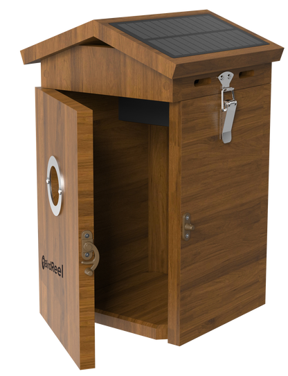 Wooden bird feeder with solar panel on top, featuring the brand 'BirdReel'.