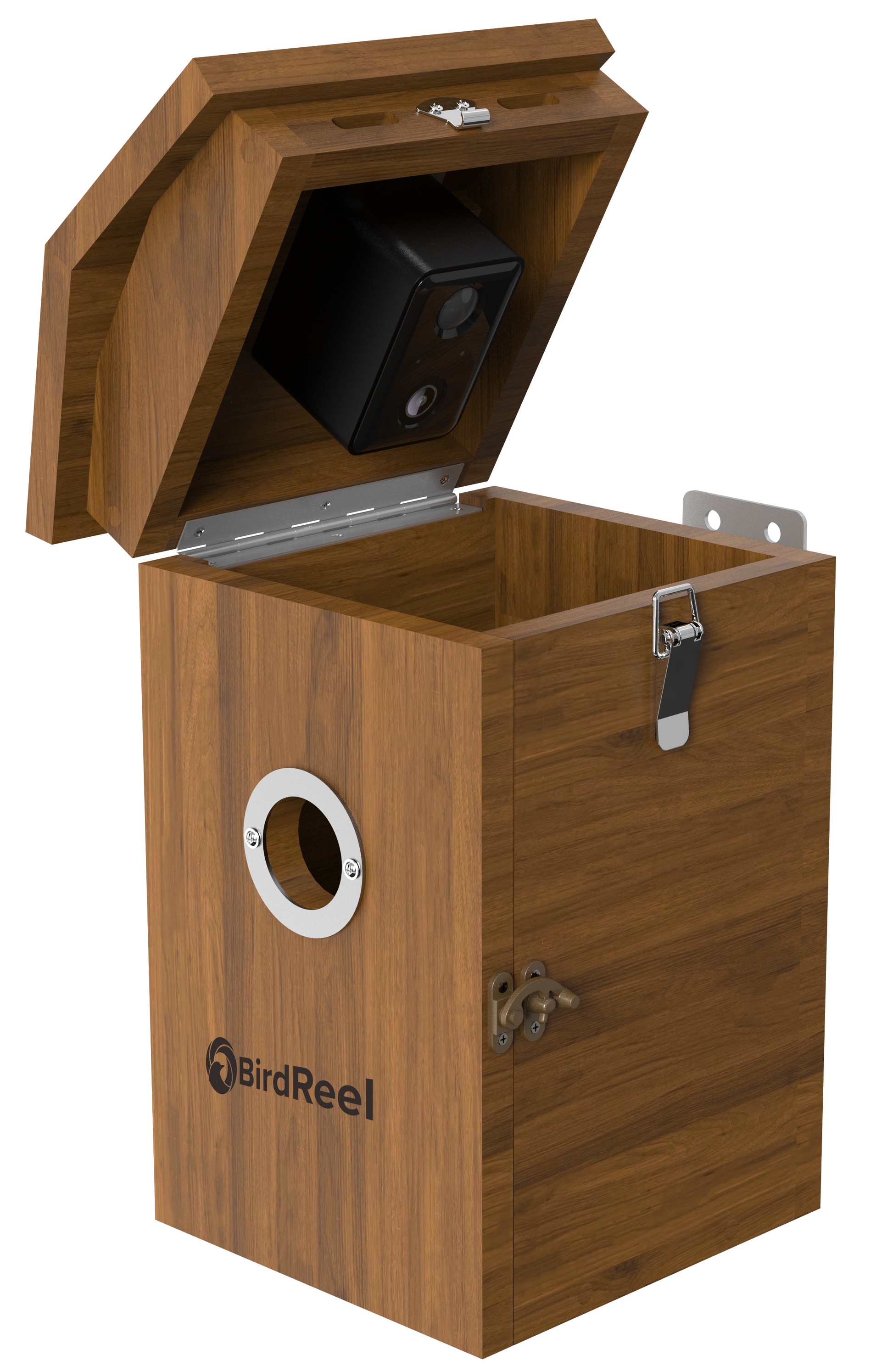 Wooden bird feeder with a black camera inside, branded 'BirdReel', on a white background.