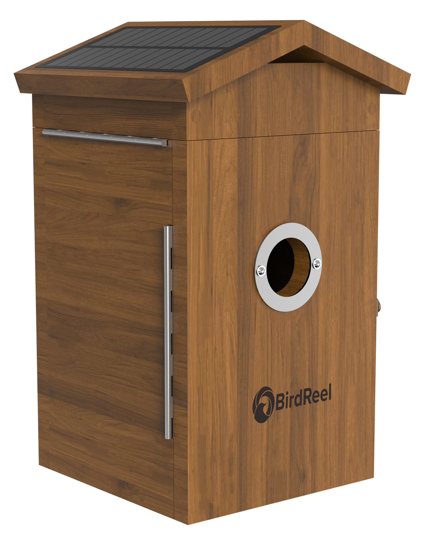 Wooden birdhouse with a solar panel on top, featuring the BirdReel logo.