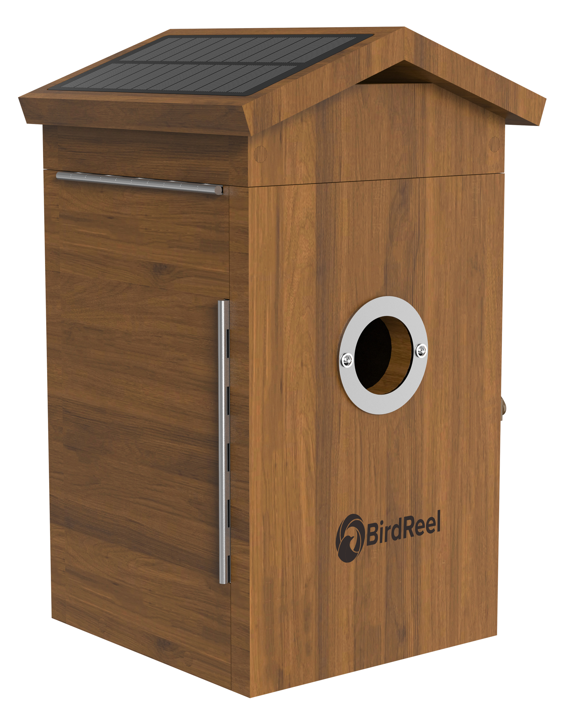 Wooden birdhouse with a solar panel on top, featuring the BirdReel logo.
