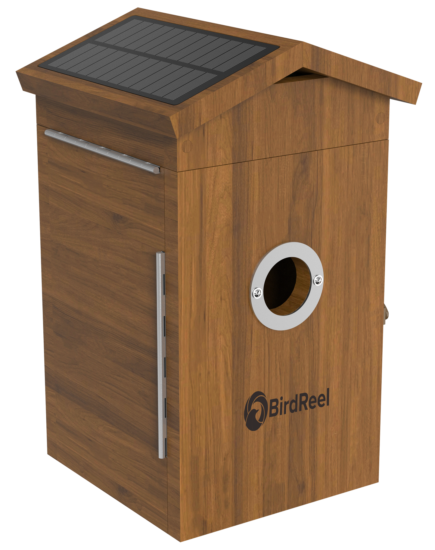 Wooden birdhouse with solar panel on top, featuring the BirdReel logo.