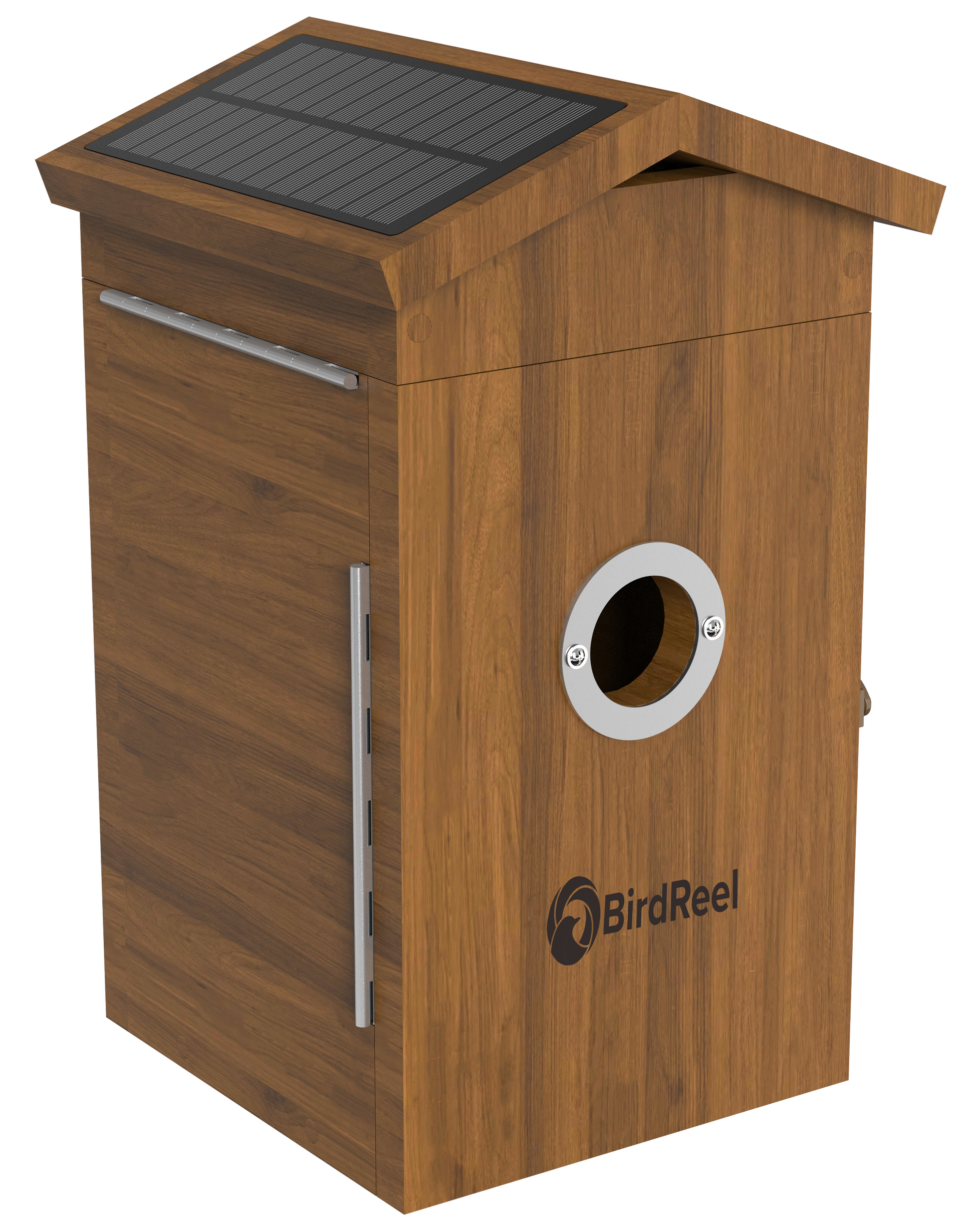Wooden birdhouse with solar panel on top, featuring the BirdReel logo.
