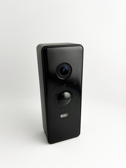 Black bird feeder camera on a white background