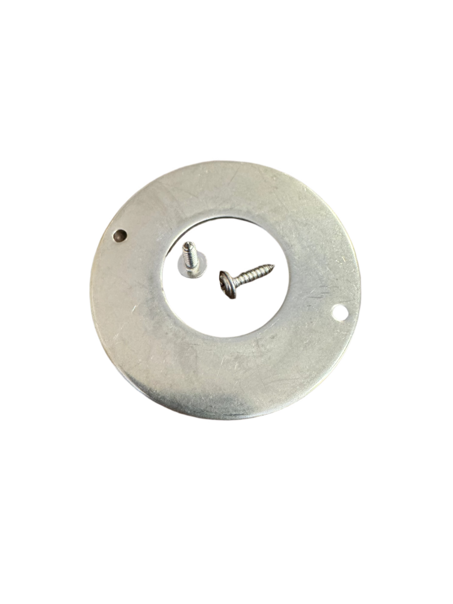 Metal washer with two screws on a white background