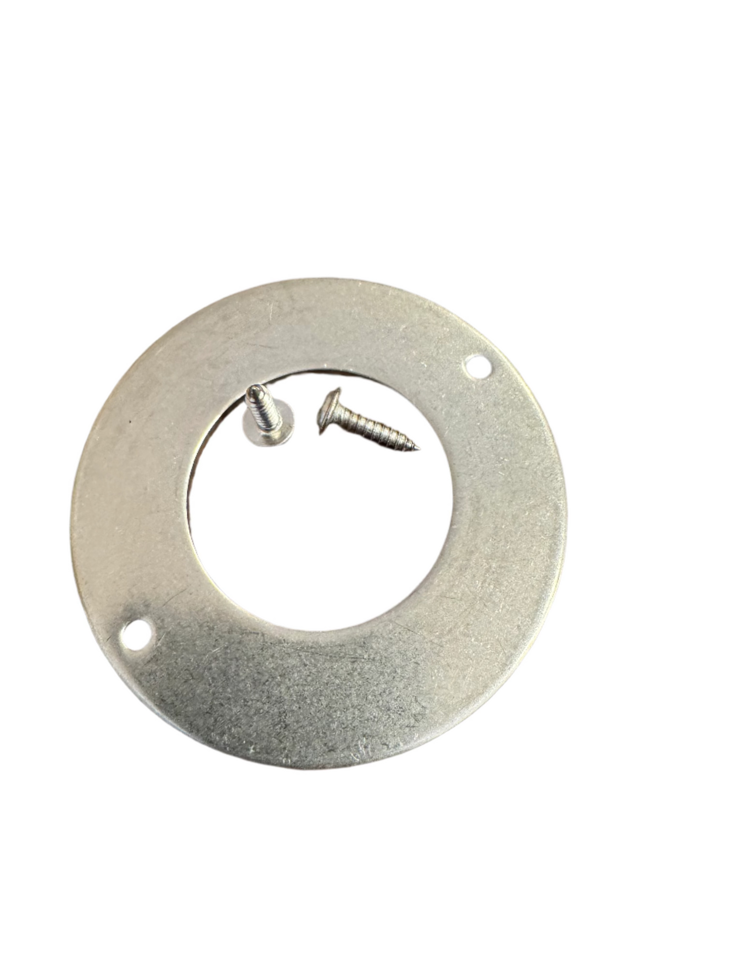 Metallic circular bracket with screws on a white background
