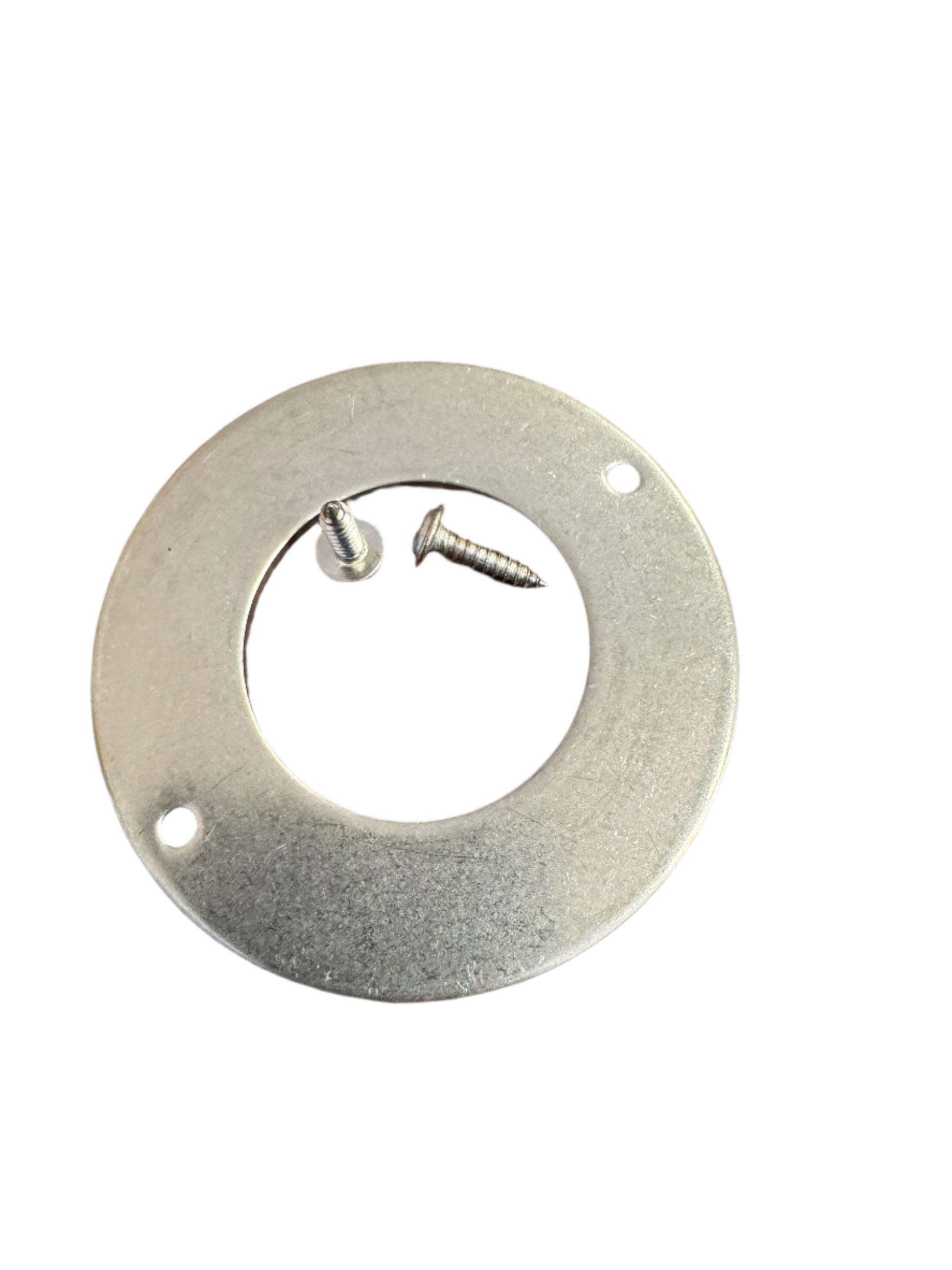 Metallic circular bracket with screws on a white background