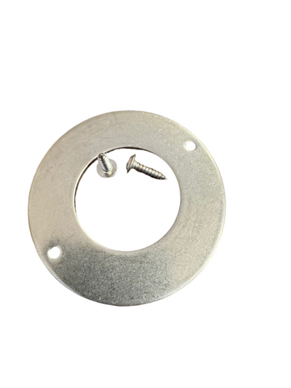 Metallic circular bracket with screws on a white background