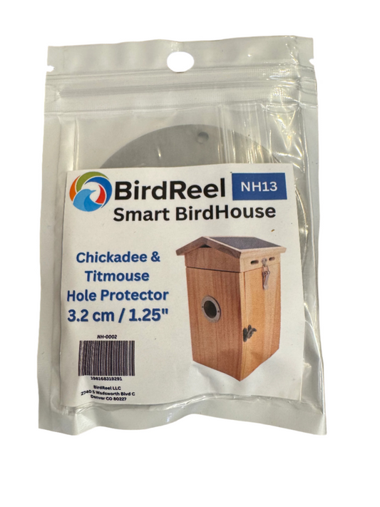 BirdReel Smart BirdHouse Chickadee & Titmouse Hole Protector packaging on a white background